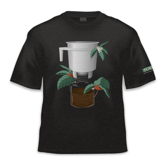 close up shot of Toddy coffee cherry merchandise tshirt